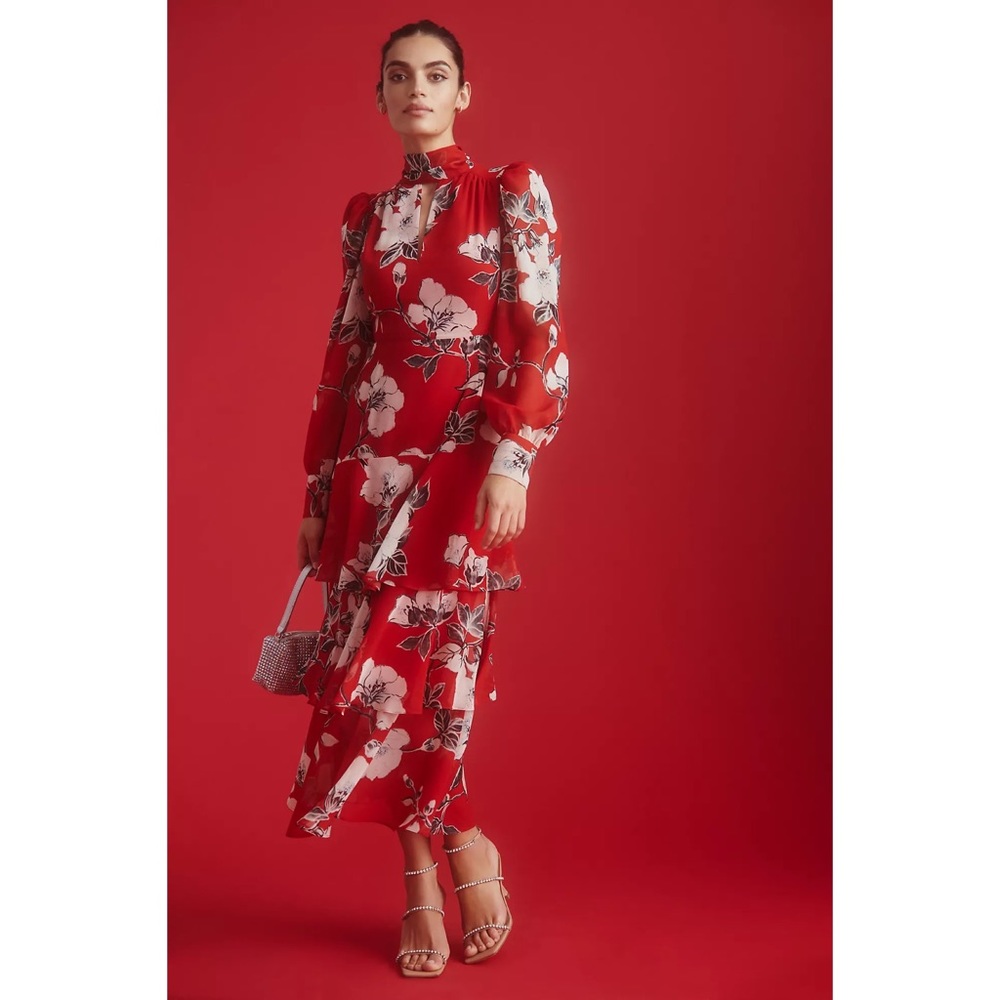 Anthropologie Exquise Tiered Mock-Neck Maxi Dress